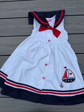 Good Lad White Nautical Sailboat Dress with Navy Trim and Red Bow